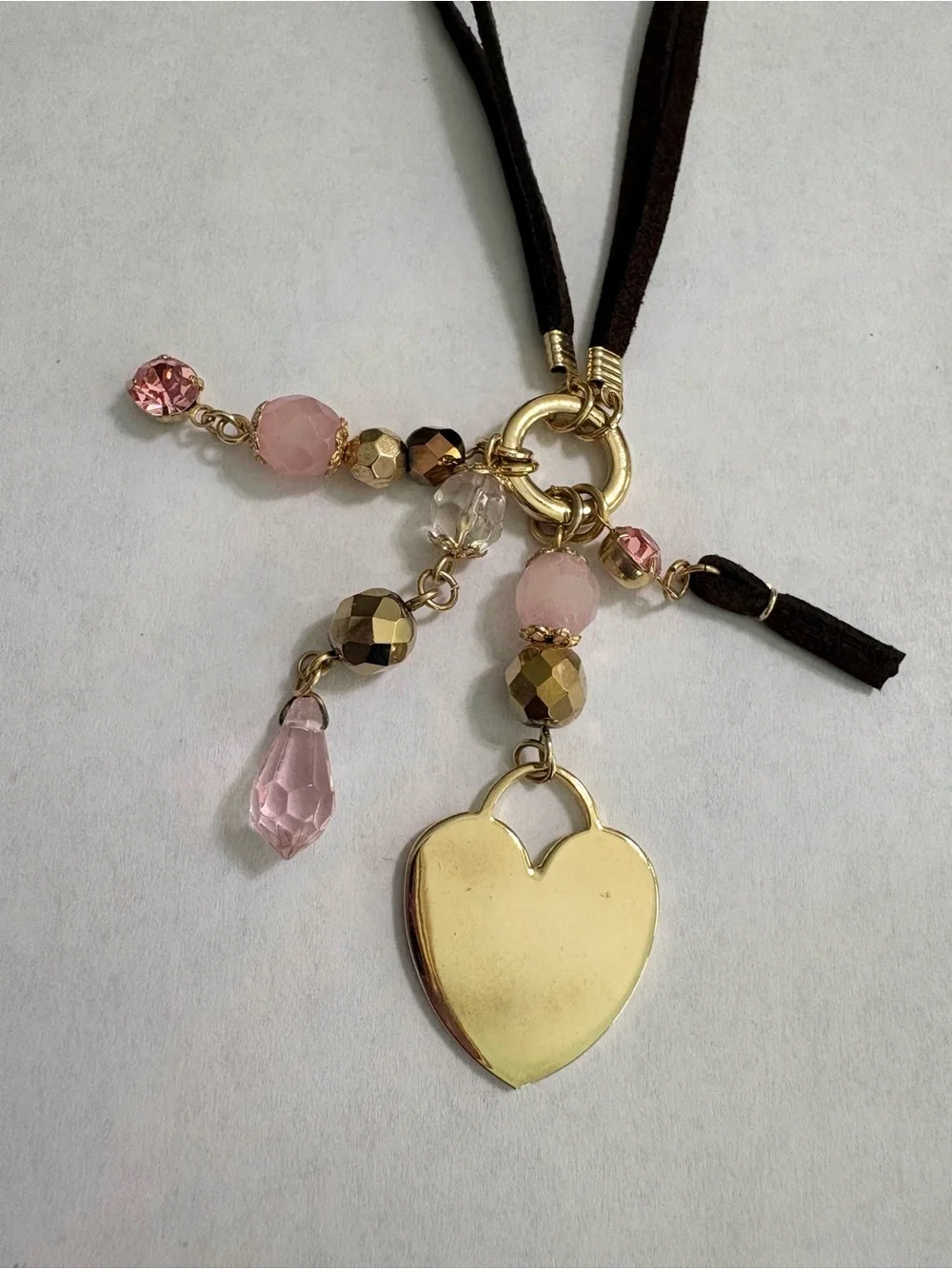 Cookie Lee Vintage Double Suede Cord Heart & Pink Crystal Charm Choker Necklace